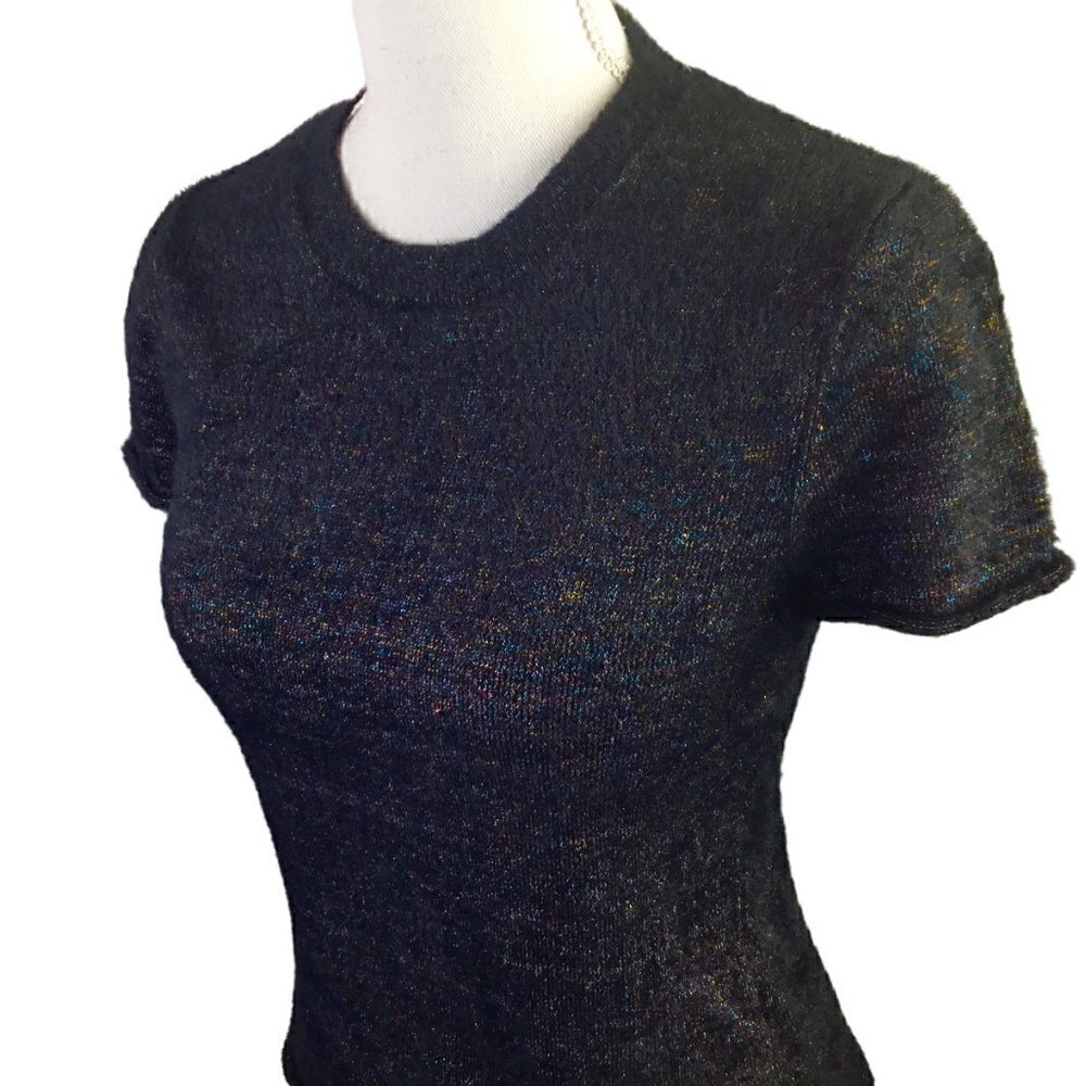 Zara Knit Metallic Thread Women's Sweater Size S Black Short Sleeve Rolled Hems